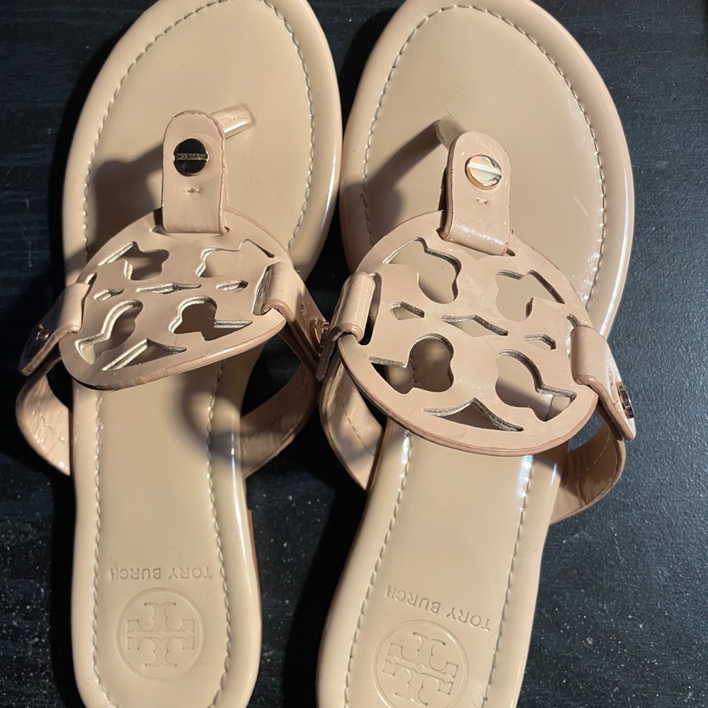 Tory Burch Tan Miller Sandals with Iconic Medallion